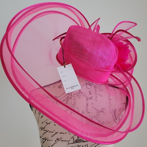 Juju Marriage Paris Accessories - Paris Hot Pink Fascinator Hat – Large Brim Organza Headpiece for Wedding & Derby